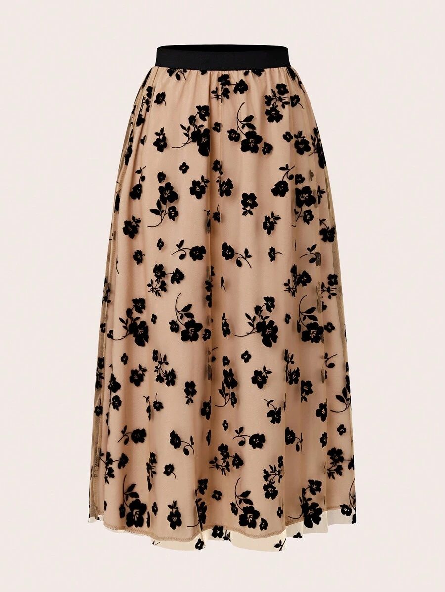 SHEIN Clasi Váy nữ lưới mềm mại họa tiết hoa - Màu Khaki - Xem 1