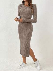 SHEIN Frenchy Của phụ nữ Đồ đan Ribbed Bên Khe Đầm - màu nâu - Xem 1