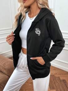 SHEIN LUNE Của phụ nữ Thêu Dây kéo Áo nỉ có mũ - màu đen - Xem 6