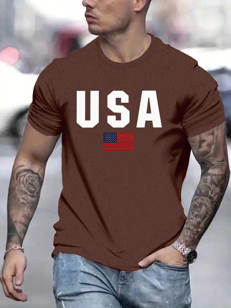 Men's Patriotic Flag & Letter Print T-shirt - Coffee Brown - View 1