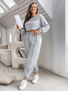 SHEIN Essnce Kích thước lớn Khối màu Cán Hem Tay áo lồng đèn Top Cây trồng Và Quần Bộ - Xám - Xem 6