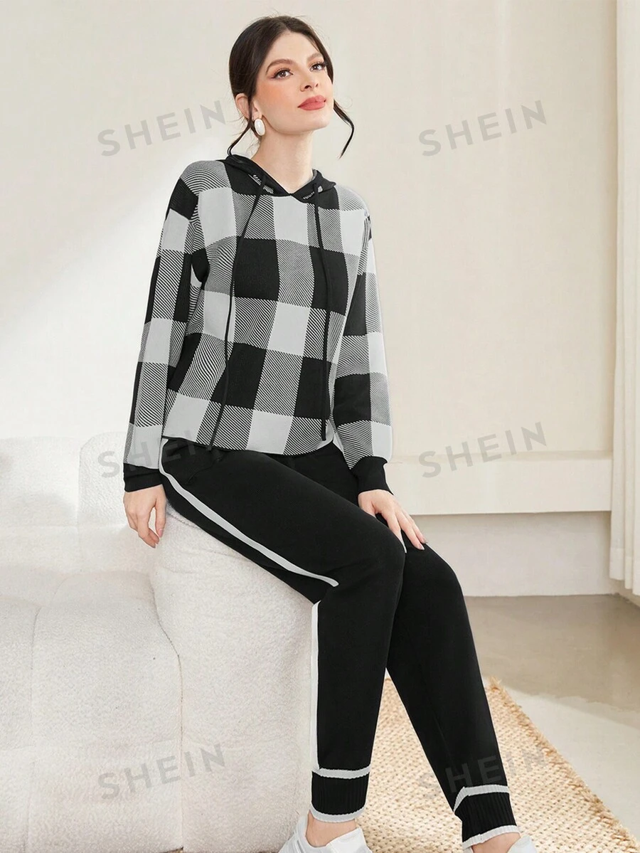 Mulvari Juego De Dos Piezas: Suéter A Cuadros Con Capucha Y Cordón Para Mujer Y Pantalón Largo A Rayas Con Bloque De Color
