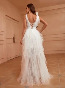 SHEIN Belle Cổ chữ V sâu Lưới Váy dự tiệc Với Viền không đối xứng - trắng - Xem 3