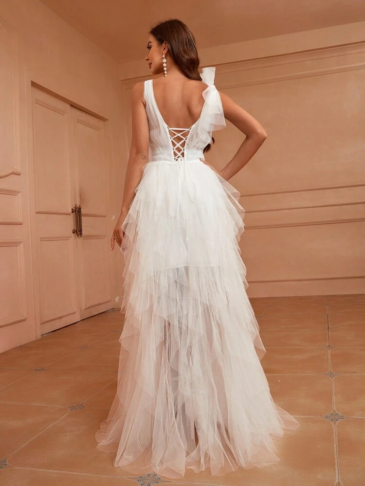 Deep V-Neck Mesh Wedding Dress With Asymmetrical Hem