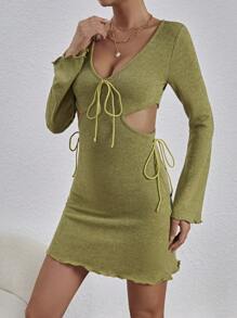 SHEIN PETITE Của phụ nữ Eo chạm rỗng Rau diếp Hem Đầm - màu xanh lá - Xem 5