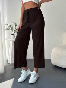 EURMUSE Tie Front Ribbed Knit Wide Leg Pants - Brown - View 3