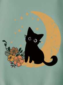 SHEIN EZwear 女士貓咪圖案圓領運動衫 - 薄荷綠 - 查看 3