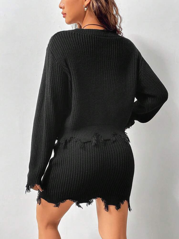 Women'S Vintage V-Neck Sweater And Knit Skirt Set