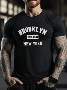 Manfinity Sport PWRUP 男友风格男士字母印花运动风格短袖 T 恤健身上衣基本款 T 恤，健身房，图案，运动服，纯色