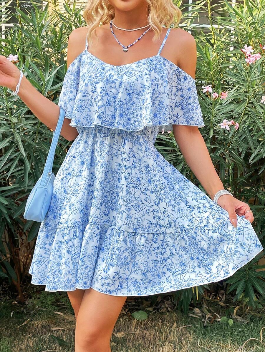 Soleia 女士花卉印花露肩無肩帶連身裙 - 藍白色 - 查看 1