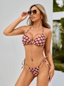 SHEIN Swim Women's Floral Print Halter Neck Two-Piece Bikini Set Carnival Summer Beach - Multicolor - View 3