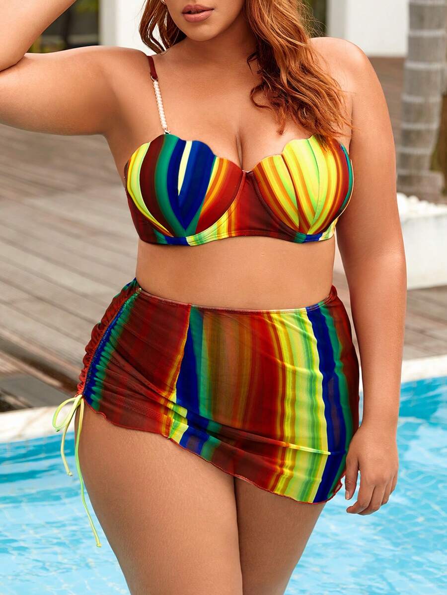 SHEIN Swim Curve 大码拼色条纹比基尼套装 3 件套 狂欢夏日海滩 - 彩色 - 查看 1