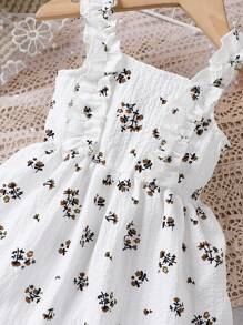 Baby Girl Ditsy Floral Print Ruffle Trim Dress - Beige - View 5