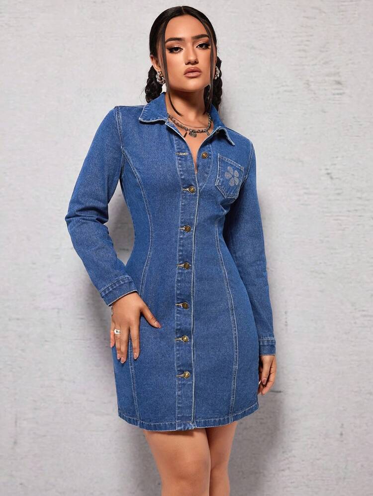 Women'S Button Front Shirt Collar Denim Dress