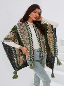 SHEIN Essnce 女款幾何圖案針織開襟外套,帶流蘇細節 - 彩色 - 查看 3