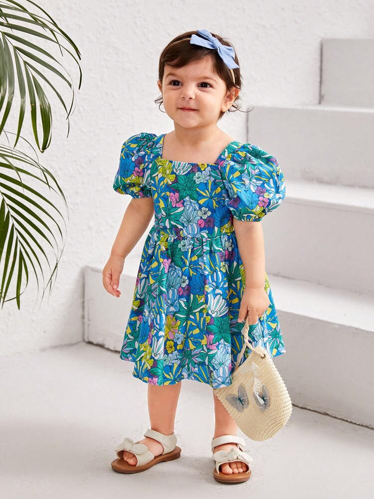 Baby Girls' Casual Square Neck Bubble Short Sleeve Dress With Floral Pattern