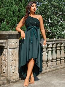 SHEIN Belle 大尺碼女士一字肩拼接亮片腰帶連衣裙 - 墨綠色 - 查看 5