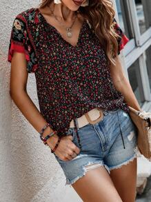 EMERY ROSE Women'S Floral Print Short Sleeve Shirt - Black - View 3