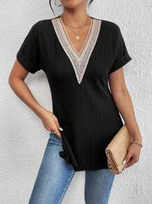 SHEIN LUNE Ladies' Lace Splice Side Slit T-Shirt - Black - View 4