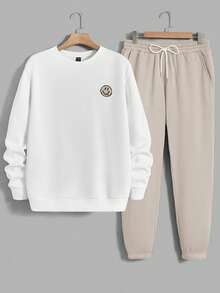 Manfinity RebelGame 男士字母及臉部印花連帽衛衣與長褲套裝 - 杏色 - 查看 2