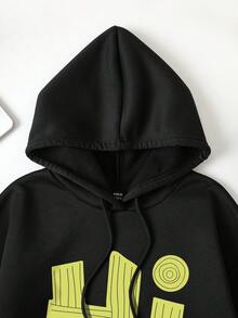 SHEIN Coolane 女士秋冬必备鬼脸保暖内衬宽松连帽衫，返校季，万圣节 - 黑色 - 查看 5