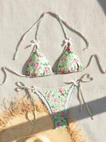 Women's Floral Pattern Halter Neck Bikini Set,Summer Beach - Multicolor - View 5