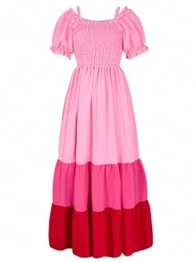 1pc Teen Girls' Casual Ladylike Dress With Color Blocking Flared Hem, Spring/Summer