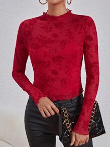 SHEIN Privé 女士天鵝絨網紗t恤 - 紅色 - 查看 3