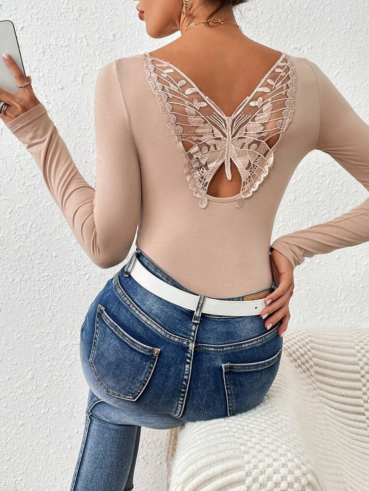 Embroidered Butterfly Decoration Long Sleeve T-Shirt