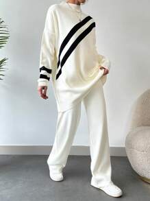 EURMUSE Women's Striped Half-high Collar Sweater Two-piece Set - White - View 3