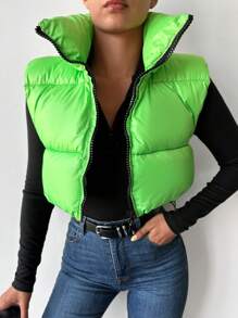 EURMUSE Zip Up Puffer Vest Coat - Green - View 6