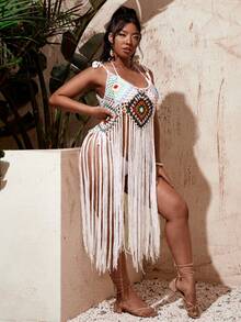 SHEIN Swim Curve 大尺寸 1 件流蘇下擺鉤編織帶背心罩衫 - 白色 - 查看 4