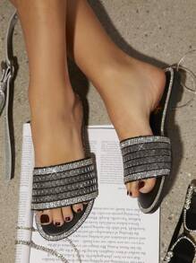 SHUZIA Women's Fashionable & Elegant Crystal Decorated Flat Sandals, Summer - Black - View 5