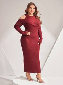 Mulvari 勃艮第红色加大码女式露肩紧身毛衣连衣裙 - 酒紅色 - 查看 4