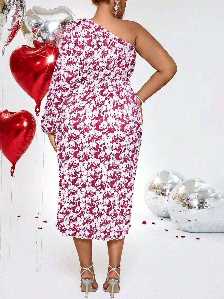 Plus Size Printed One-Shoulder Lantern Sleeve Dress