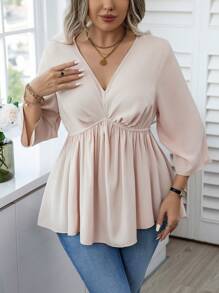 Calvaya 大尺寸純色荷葉邊上衣 - 杏色 - 查看 6