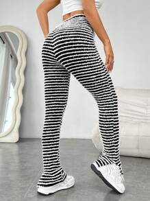 SHEIN EZwear Women Casual Striped Pants With Side Slit Hem, Versatile - Black and White - View 3