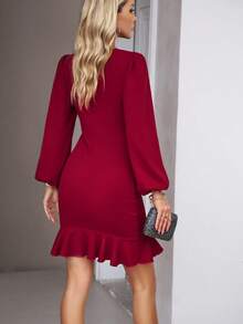 Lantern Sleeve Ruched Ruffle Hem Dress - Burgonya - Görünüm 2