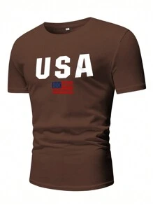 Men's Patriotic Flag & Letter Print T-shirt - Coffee Brown - View 3