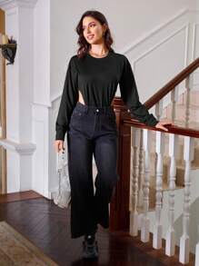 SHEIN Unity 純色下垂肩長袖連體衣 - 黑色 - 查看 6