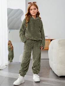 SHEIN Cô gái Dệt kim Màu thuần Sang trọng áo có mũ Lỏng lẻo Áo Và Quần Giải trí Bộ - xanh quân đội - Xem 6