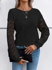 Calvaya Women's Lace Paneled Back Twist Neckline Lace-Up Top Fall Cloth For Women