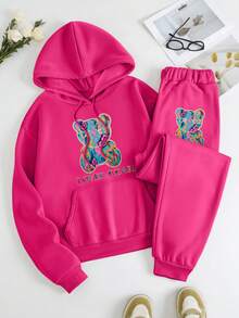 SHEIN EZwear 卡通印花保暖連帽運動衫和褲子套裝 - 玫紅色 - 查看 5