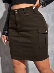 SHEIN EZwear 大尺碼高腰丹寧實用裙 - 棕色 - 查看 1