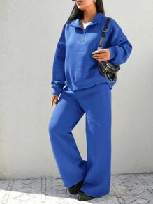 SHEIN Cottnline Plus Size Drop Shoulder Sleeve Zippered Half Placket Warm Lined Sweatshirt And Sweatpants Two-Piece Set - Royal Blue - View 4