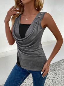 EMERY ROSE Draped Neck Button Decor 2-In-1 Tank Top - Multicolor - View 4