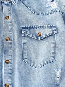 青少年男孩的休閒街頭風格破洞牛仔夾克 - 中等水洗藍 - 查看 4