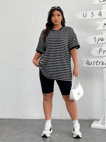 SHEIN EZwear 大码条纹圆领 T 恤，夏季 - 黑色 - 查看 5