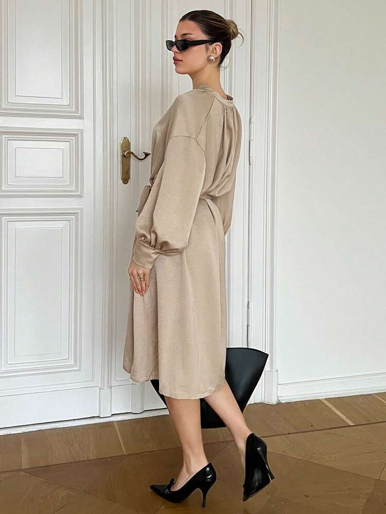 Lantern Sleeve Dress With Hidden Pockets And Waist Belt