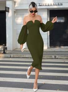 SHEIN Privé Women's Solid Color Off-Shoulder Lantern Sleeve Dress - Green - View 1